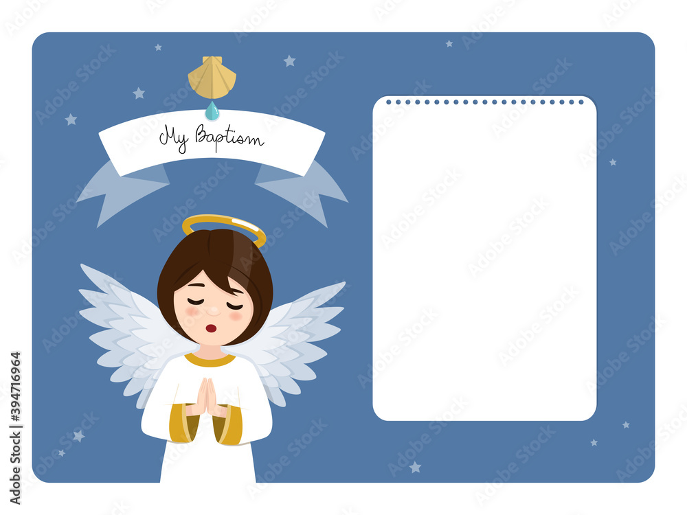 Praying angel. Baptism horizontal invitation on blue sky and stars background. Vector illustration