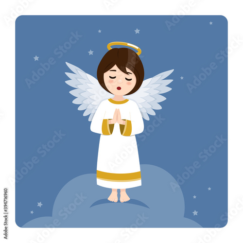 Praying angel on blue sky and stars background. Vector illustration