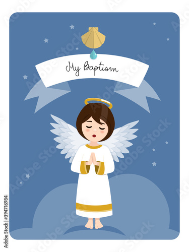 Praying angel. Baptism reminder on blue sky and stars background. Vector illustration