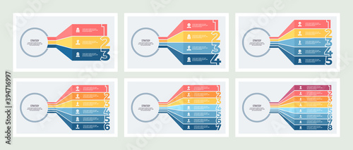 Business infographic. Chart with 3, 4, 5, 6, 7, 8 number options. Vector template.