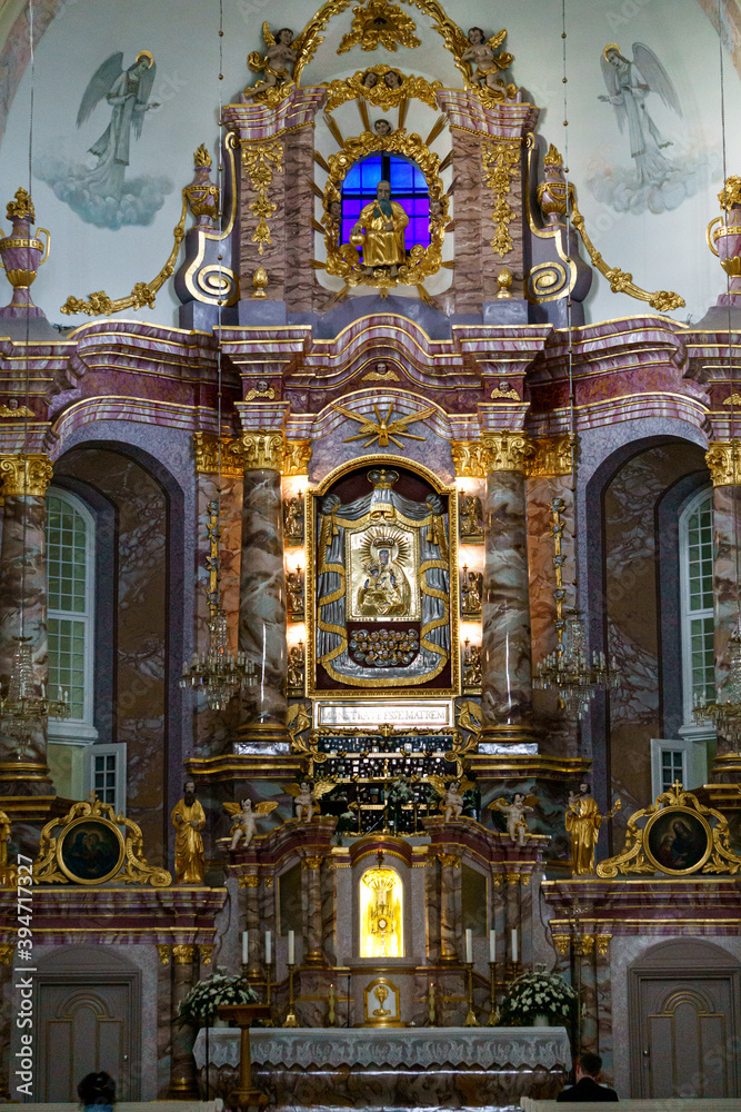 Altar and Icon of the Virgin Mary in the Aglona Cathedral in Latvia.