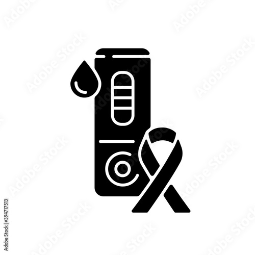 HIV test black glyph icon. Laboratory blood exam. Rapid test for AIDS. Medical sample check for disease. Health awareness campaign. Silhouette symbol on white space. Vector isolated illustration