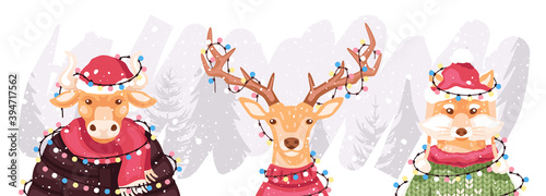 Animals set. Bull, deer and fox. New Year, Christmas Holiday. Winter forest background. Funny cute cartoon characters for kids. Realistic design. Vector illustration. Flat eps10. Gerland lights.