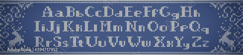 Knit font. Full alphabet. English language. Latin letters. Blue color. Vector illustration. Realistic knitted woolen cloth texture. Christmas sweater. New Year background. Winter Holiday. Flat style.