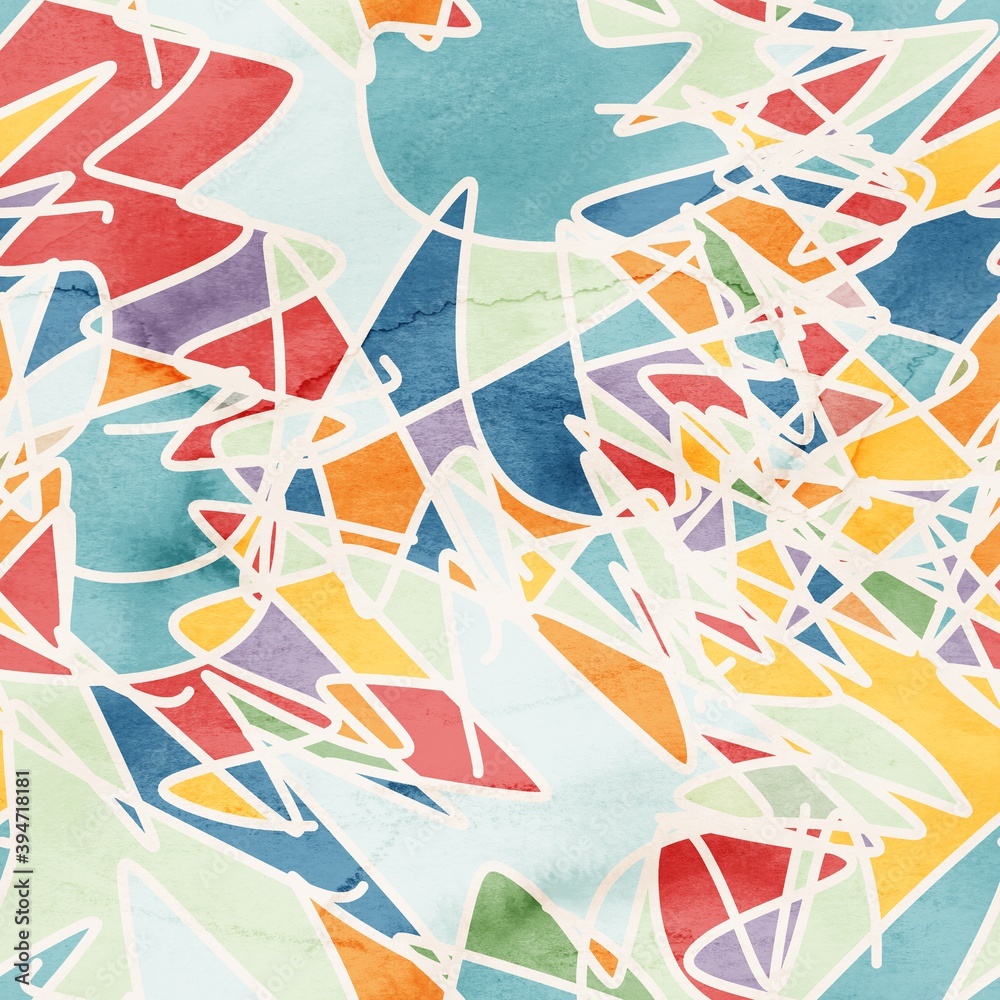 Seamless watercolor paint fills negative space between scribbled lines naive children surface design. High quality illustration. Joyful happy craft style. Retro optimistic design. Seamless watercolor paint fills negative space between scribbled lines naive children surface design. High quality illustration. Joyful happy craft style. Retro optimistic design.