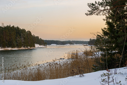 Coastal view and Gulf of Finland in winter evening, Linlo Island, Kirkkonummi, Finland