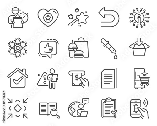 Technology icons set. Included icon as Chemistry atom, Copy files, Refrigerator signs. Minimize, Get box, Approved checklist symbols. Atm service, Info, Chemistry pipette. Bitcoin pay. Vector