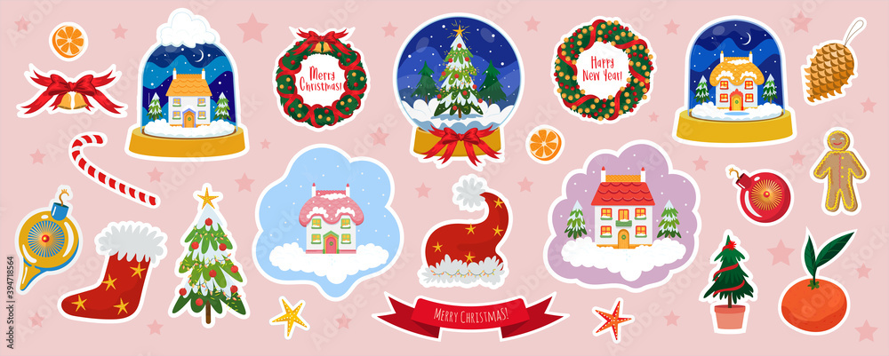 Christmas Sticker Vector illustration set with offset path. Collection of Snow Ball, Santa Hat, Christmas pine tree, Mandarin, Cone, Bauble, Gingerbread man, tree toy,Golden Bells, Candy Sock Christmas Sticker Vector illustration set with offset path. Collection of Snow Ball, Santa Hat, Christmas pine tree, Mandarin, Cone, Bauble, Gingerbread man, tree toy,Golden Bells, Candy Sock