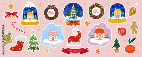 Christmas Sticker Vector illustration set with offset path. Collection of Snow Ball, Santa Hat, Christmas pine tree, Mandarin, Cone, Bauble, Gingerbread man, tree toy,Golden Bells, Candy Sock