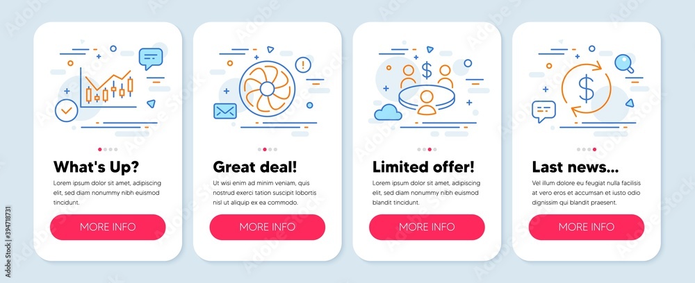 Set of Finance icons, such as Meeting, Financial diagram, Fan engine symbols. Mobile screen banners. Usd exchange line icons. Business collaboration, Candlestick chart, Ventilator. Vector