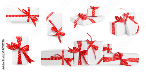 Set of different Christmas gift boxes on white background. Banner design