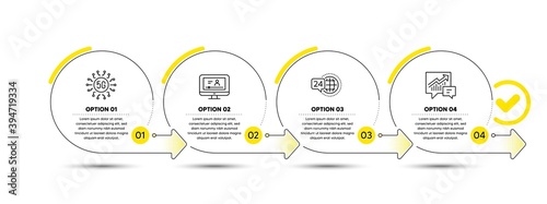24h service, 5g technology and Online video line icons set. Timeline process infograph. Accounting sign. Call support, Wireless communication, Video exam. Supply and demand. Technology set. Vector
