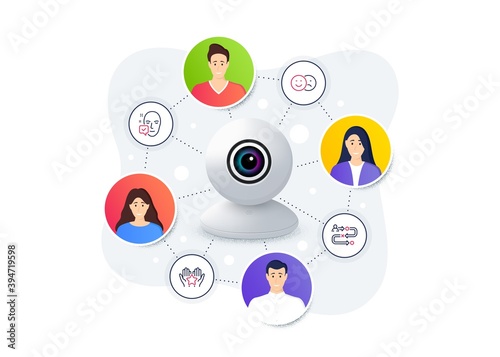 Set of People icons, such as Like, Face accepted, Journey path symbols. Web camera remote streaming. Online video conference banner. Ranking line icons. Vector
