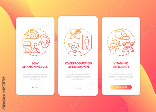 SAD reasons onboarding mobile app page screen with concepts. Low serotonin level, vitamin D deficiency walkthrough 3 steps graphic instructions. UI vector template with RGB color illustrations