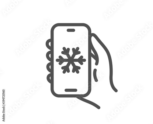 Air conditioning line icon. Hand hold phone sign. Cellphone with screen notification symbol. Quality design element. Linear style air conditioning icon. Editable stroke. Vector