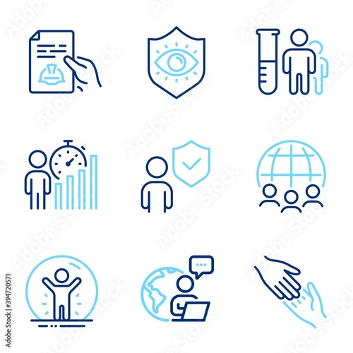 People icons set. Included icon as Security, Medical analyzes, Eye protection signs. Recovered person, Global business, Business statistics symbols. Technical documentation, Helping hand. Vector