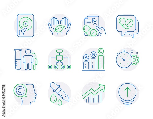 Science icons set. Included icon as Medical analyzes, Graph chart, Restructuring signs. Writer, Medical drugs, Prescription drugs symbols. Demand curve, Cogwheel timer, Hdd. Fair trade. Vector
