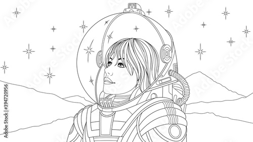 Vector illustration, girl woman in astronaut costume