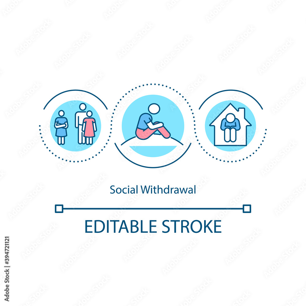 Social withdrawal concept icon. Isolation from people. Sadness treatment ways. Professional medical help idea thin line illustration. Vector isolated outline RGB color drawing. Editable stroke Social withdrawal concept icon. Isolation from people. Sadness treatment ways. Professional medical help idea thin line illustration. Vector isolated outline RGB color drawing. Editable stroke