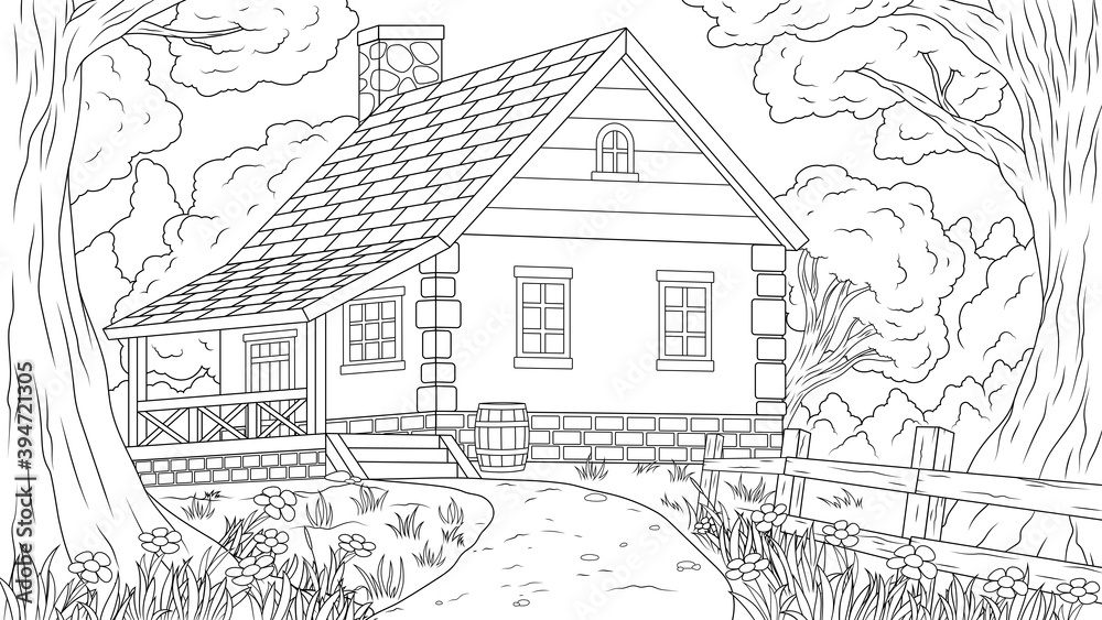 Vector illustration, house in the forest thicket