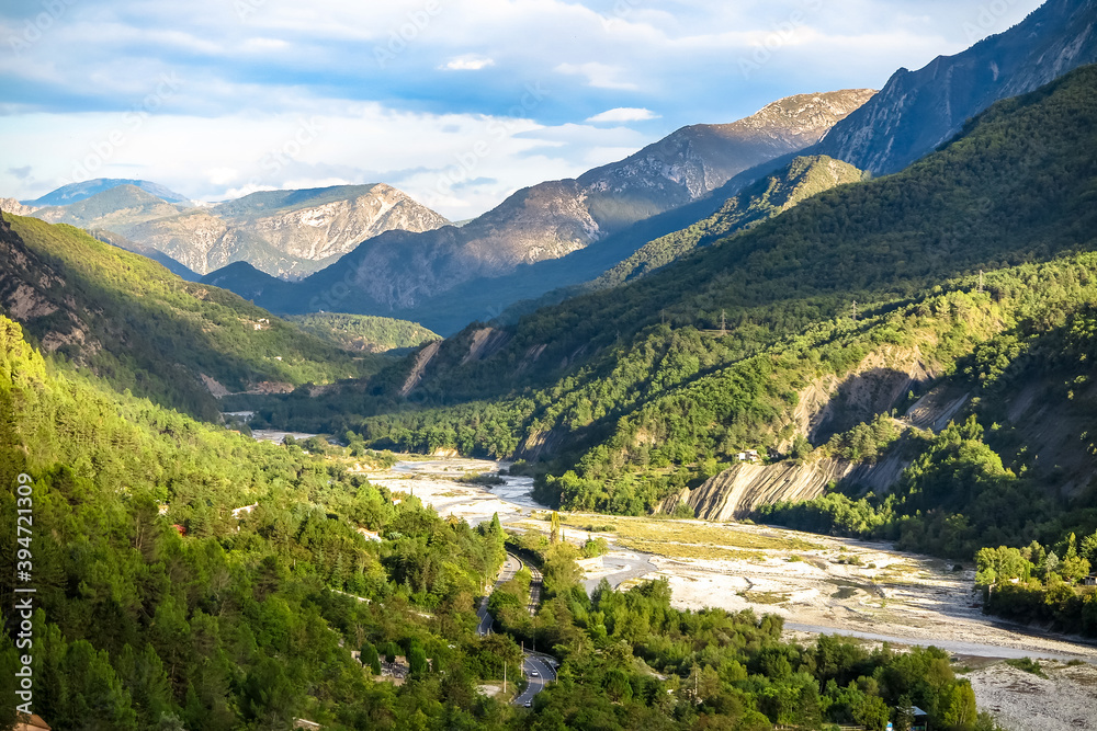 River Var, in drought season, crossing forested mountain valleys, commune of Touët-sur-Var, Provence-Alpes-Côte d'Azur region, Alpes-Maritimes, France
