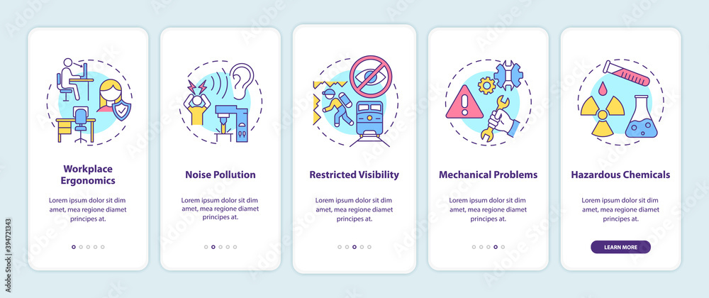 Vetor de Workplace safety concerns onboarding mobile app page screen ...
