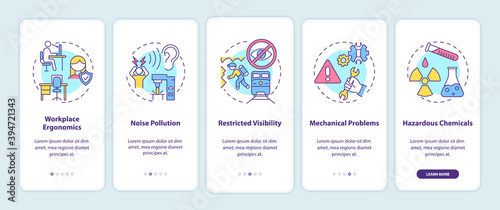 Workplace safety concerns onboarding mobile app page screen with concepts. Workplace ergonomics walkthrough 5 steps graphic instructions. UI vector template with RGB color illustrations