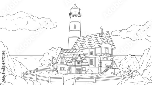 Vector illustration, lighthouse by the sea