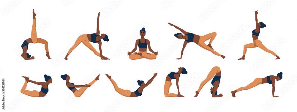 © Maria - Yoga poses set. Woman practicing meditation and stretching. Healthy lifestyle concept. Flat cartoon vector illustration. © Maria - Yoga poses set. Woman practicing meditation and stretching. Healthy lifestyle concept. Flat cartoon vector illustration.