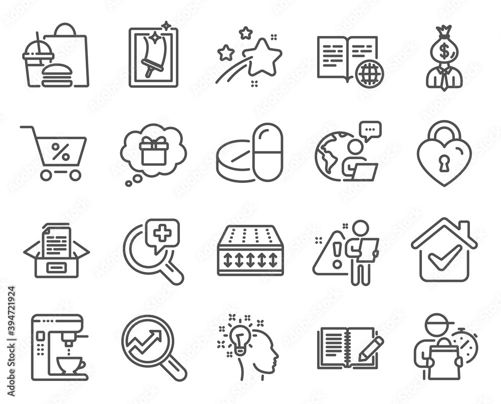 Business icons set. Included icon as Love lock, Window cleaning, Manager signs. Flexible mattress, Medical drugs, Feedback symbols. Documents box, Gift dream, Analytics. Idea, Coffee maker. Vector Business icons set. Included icon as Love lock, Window cleaning, Manager signs. Flexible mattress, Medical drugs, Feedback symbols. Documents box, Gift dream, Analytics. Idea, Coffee maker. Vector