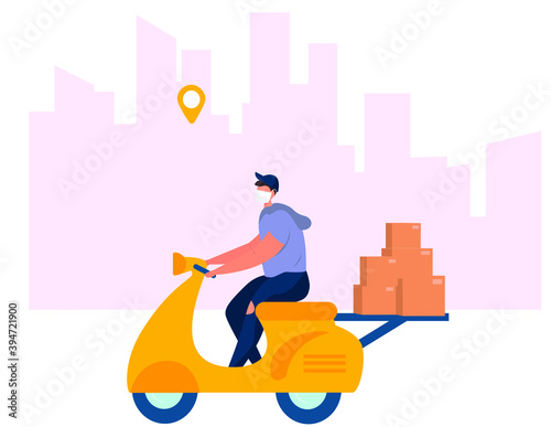 No Contact Home Delivery During Coronavirus.Express Delivery Food and Drug During Quarantine on Moped or Electric Scooter.Online Shopping.Character in Mask.Social Distance.Flat Vector Illustration