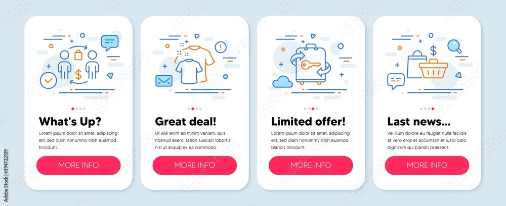 Set of Fashion icons, such as Buying process, Clean t-shirt, Luggage symbols. Mobile app mockup banners. Sale bags line icons. Supermarket bag, Laundry shirt, Baggage locker. Shopping cart. Vector