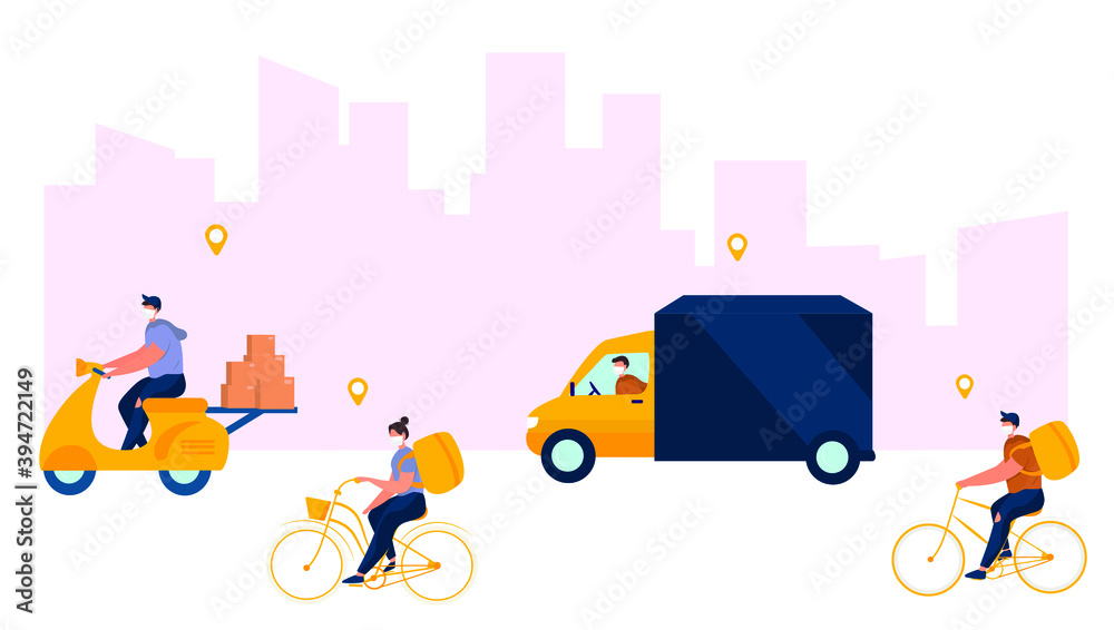 Naklejka premium No Contact Home Delivery During Coronavirus. Express Delivery Food During Quarantine on Moped or Electric Scooter,Truck,Bicycle and on Foot.Online Shopping.Social Distance.Flat Vector Illustration