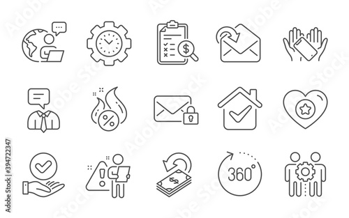 Support service, Time management and Employees teamwork line icons set. Secure mail, 360 degrees and Heart signs. Accounting report, Approved checkbox and Cashback symbols. Line icons set. Vector