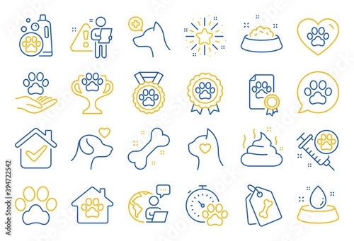 Pets line icons. Veterinary, dog care and cat food. Lovely animals, shampoo for pets and doghouse icons. Vaccine, pet care and dog paw. Winner cup, certificate and medal. Animal feces. Vector