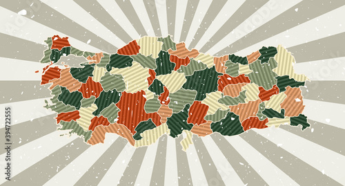 Turkey vintage map. Grunge poster with map of the country in retro color palette. Shape of Turkey with sunburst rays background. Vector illustration.