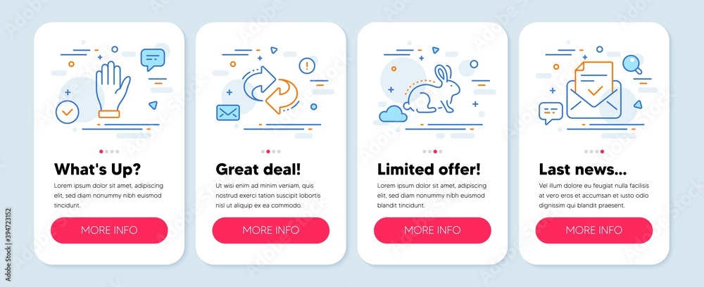 Set of Business icons, such as Animal tested, Hand, Refresh symbols. Mobile screen app banners. Approved mail line icons. Bio product, Waving palm, Rotation. Confirmed document. Vector