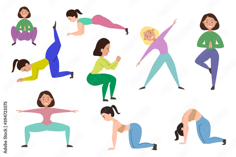 Set sports girls who play sports. Different yoga poses. Vector illustration on a white isolated background.