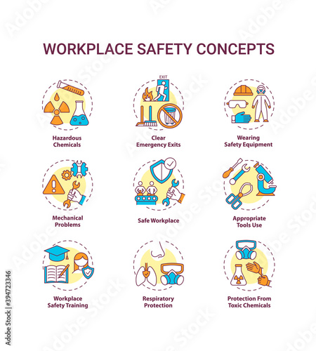 Workplace safety concept icons set. Hazardous chemicals. Clear emergency exits. Wearing safety equipment idea thin line RGB color illustrations. Vector isolated outline drawings. Editable stroke