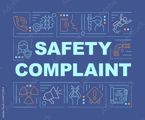 Safety complaint word concepts banner. Workplace violence. Work-related injuries. Infographics with linear icons on blue background. Isolated typography. Vector outline RGB color illustration