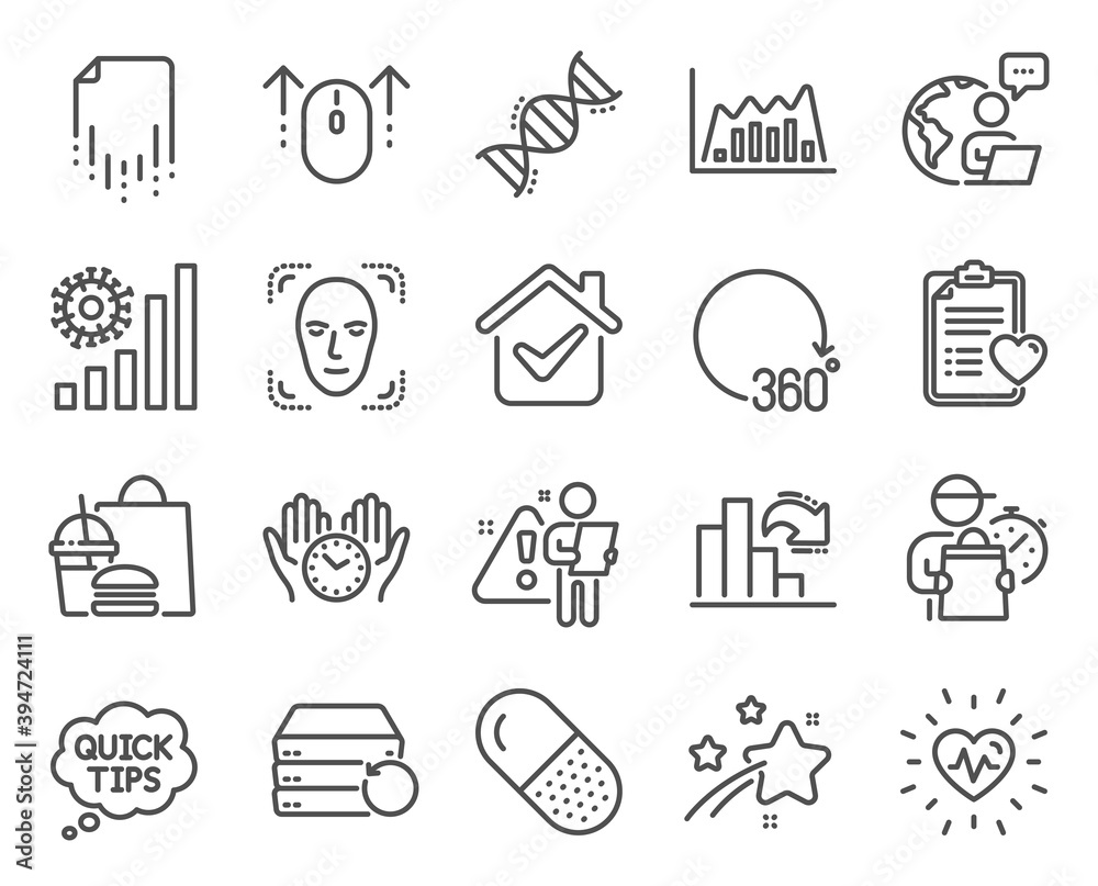 Science icons set. Included icon as Capsule pill, Patient history, Recovery file signs. Coronavirus statistics, Recovery server, Face detection symbols. Quick tips, Safe time, 360 degrees. Vector