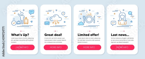 Set of Business icons, such as Food, Cloud computing, Airport transfer symbols. Mobile screen app banners. Woman line icons. Cutlery, Online storage, Baggage reclaim. Girl profile. Food icons. Vector