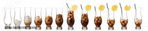 Glasses with different amount of cola cocktail on white background