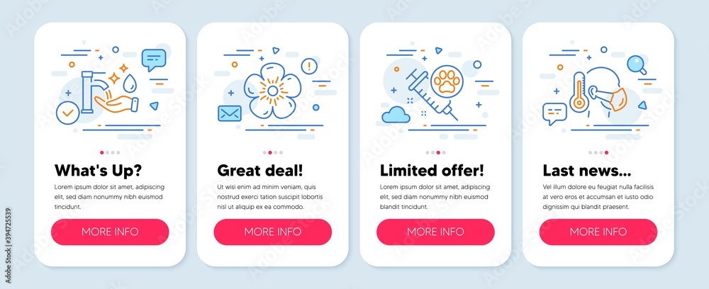 Set of Healthcare icons, such as Washing hands, Dog vaccination, Natural linen symbols. Mobile app mockup banners. Sick man line icons. Hygiene care, Pets medicine, Organic tested. Vector