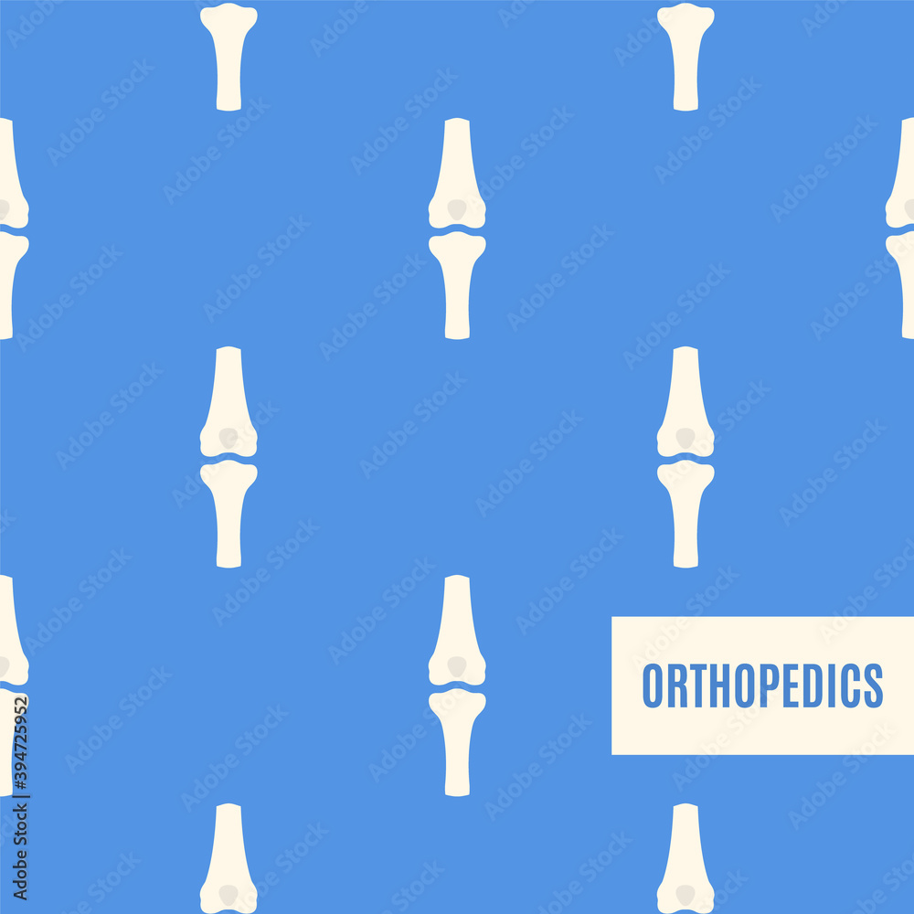 Orthopedics medical pattern of knee joint bones on blue background. Musculoskeletal system disorders treatment concept. Human body anatomy icon. Vector illustration. Orthopedics medical pattern of knee joint bones on blue background. Musculoskeletal system disorders treatment concept. Human body anatomy icon. Vector illustration.