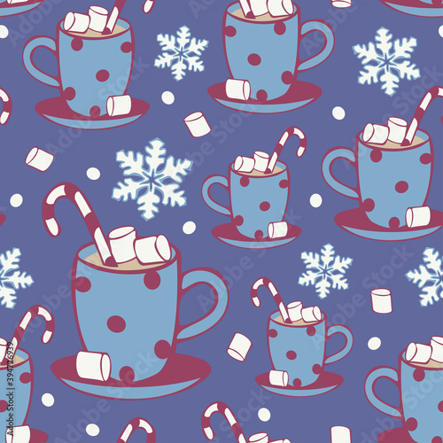 Vector seamless pattern hot drink with candies. Cocoa or coffee with marshmallow pattern. Design concept for coffee shop.