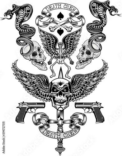 Vintage label. Skull and Pistols