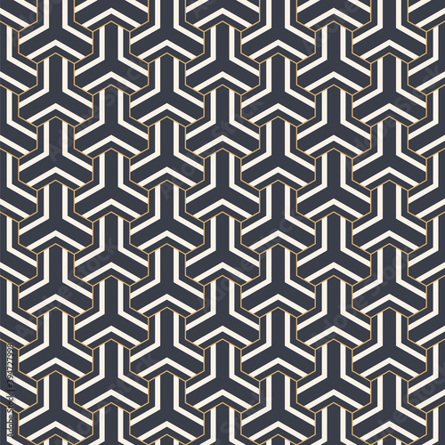 Abstract seamless pattern. Modern stylish texture. Striped linear geometric tiles with triple weaving elements and filled shapes. Vector color background.
