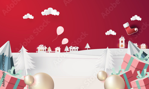  chrismas red backgroud snow town paper art 