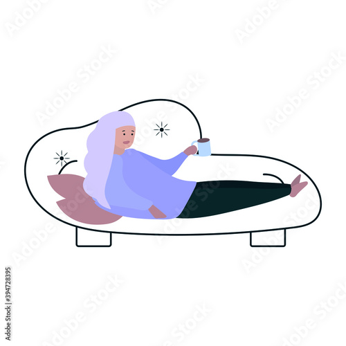 vector concept illustration in flat style. the girl is sitting on the sofa and drinking coffee. the woman remains at home in quarantine. stay at home.